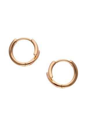 Due piccoli orecchini a cerchio in oro lucido con un design liscio e arrotondato e chiusure a cerniera, posti su uno sfondo bianco.