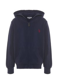 Felpa con zip color blu navy in misto cotone, con tasca a marsupio, polsini a coste e un piccolo logo rosso sul petto.