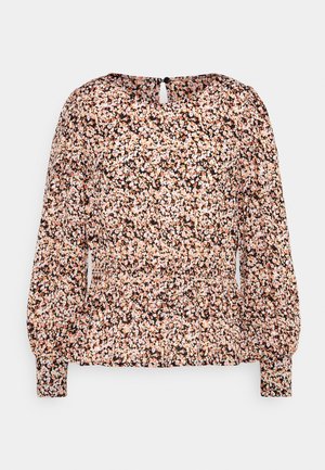 Long-sleeve floral blouse with pink, white, and orange small flowers on a black background, gathered waist and buttoned keyhole back.