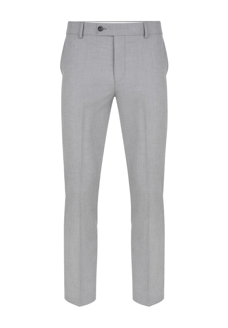 Jasnoszare spodnie wykonane z gładkiego materiału. Posiadają prosty krój, szlufki na pasek oraz zapięcie na guzik z suwakiem z przodu.