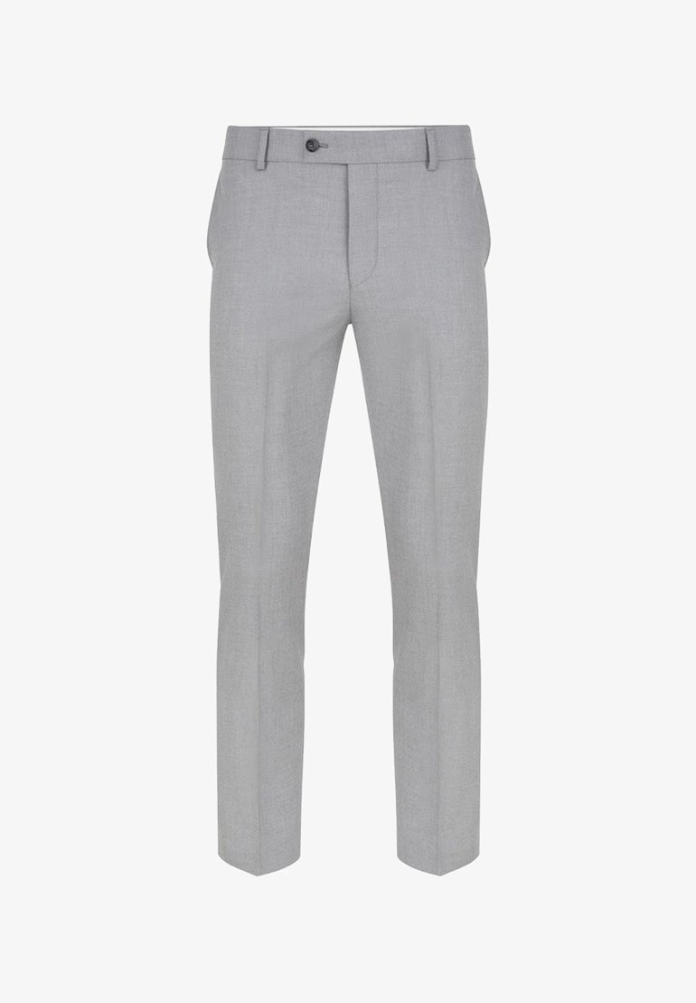 Jasnoszare spodnie wykonane z gładkiego materiału. Posiadają prosty krój, szlufki na pasek oraz zapięcie na guzik z suwakiem z przodu.