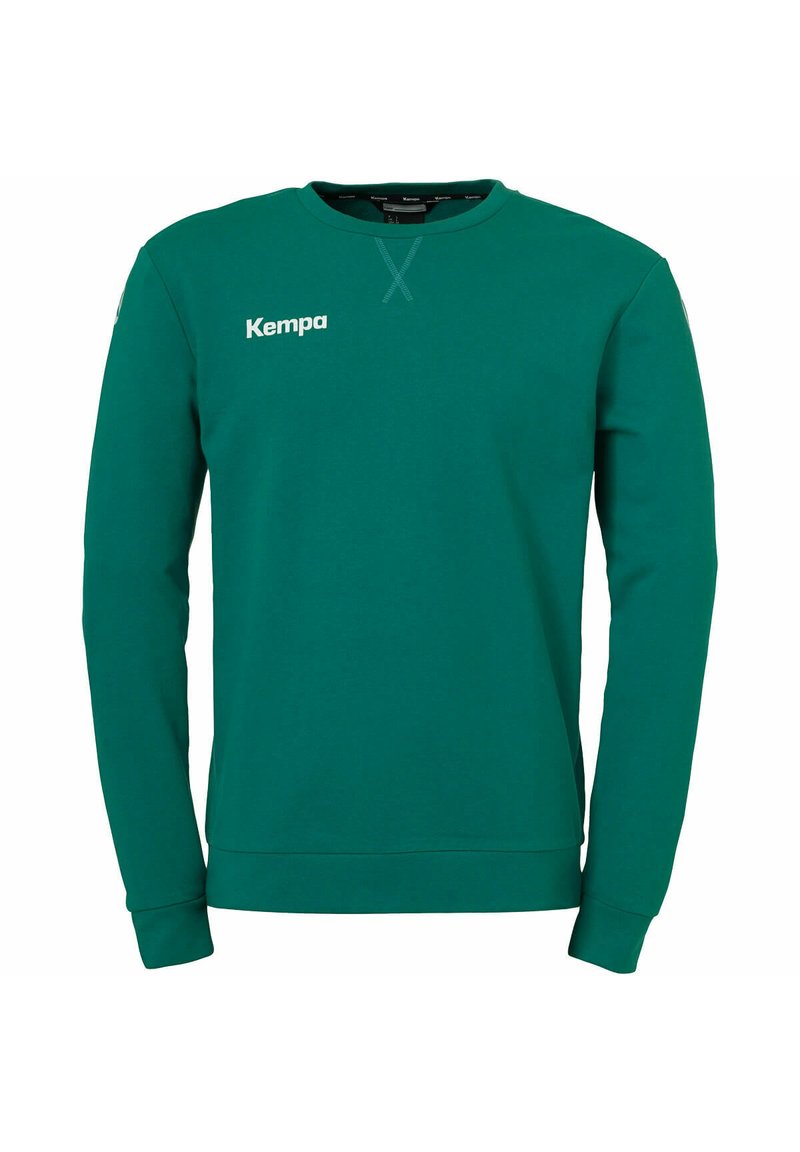 Grøn sweatshirt med lange ærmer, lavet af bomuld. Har en rund halsudskæring og hvidt "Kempa"-logo på brystet. Glat tekstur, enkelt design.