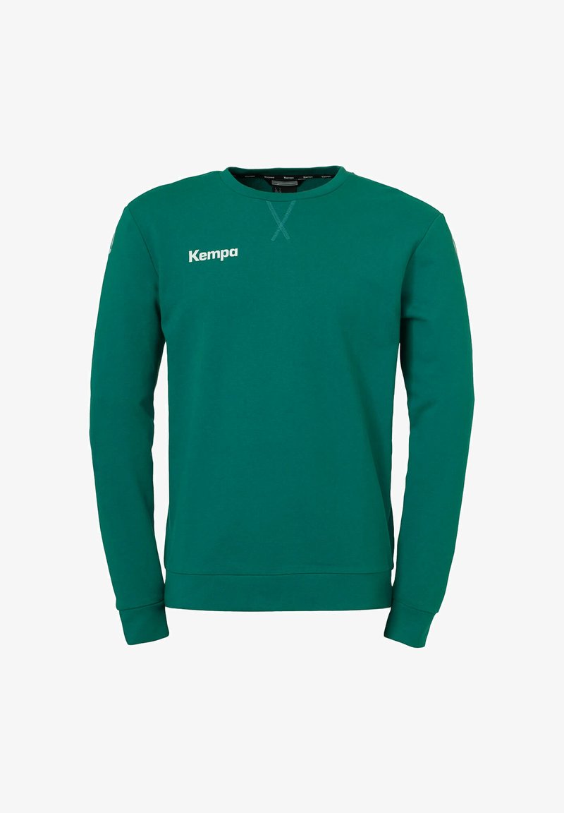Grøn sweatshirt med lange ærmer, lavet af bomuld. Har en rund halsudskæring og hvidt "Kempa"-logo på brystet. Glat tekstur, enkelt design.