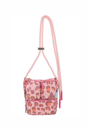 Pink crossbody bag with three zippered pockets, featuring a leopard print pattern in shades of brown and orange.