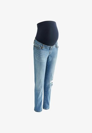 Zwangerschapsjeans met een donkerblauwe, rekbare tailleband, lichtblauw distressed denim, rechte pijpen en zichtbare stiksel-details.