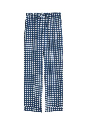 Pantalon de pyjama à carreaux bleu et blanc avec taille élastique et cordon de serrage, coupe droite, petit logo sur le côté droit.