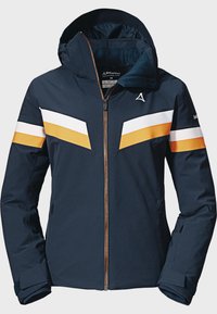 Marinejacke mit weißen und orangefarbenen diagonalen Streifen. Sie verfügt über einen Reißverschluss, eine verstellbare Kapuze und elastische Bündchen. Hergestellt aus strapazierfähigem Material.