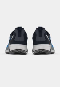 Pair of gray and blue Terrex sneakers shown from the back with black pull tabs and textured gray soles on a white background.