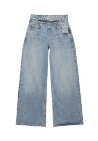 Light blue wide-leg jeans made of denim with a high waist, visible belt loops, and two front pockets. Distressed texture along the fabric.