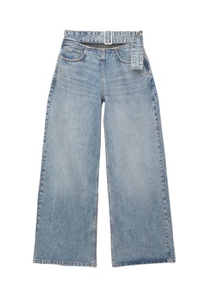 Jeans decolorate de un albastru deschis, cu talie înaltă, din denim, dotate cu bucle pentru curea vizibile și două buzunare frontale. Textură uzată pe întreaga țesătură.