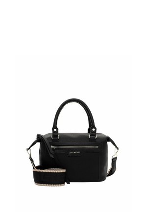 Zwarte leren handtas met bovenhandvatten, een voorvak met rits en een afneembare brede stoffen schouderriem met beige randen.