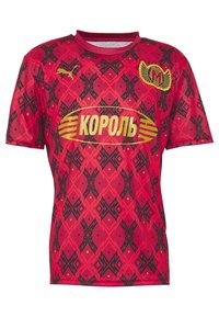 Červený sportovní dres s černými geometrickými vzory, zlatými akcenty a logem. Krátké rukávy, kulatý výstřih, vyrobený z lehkého materiálu.