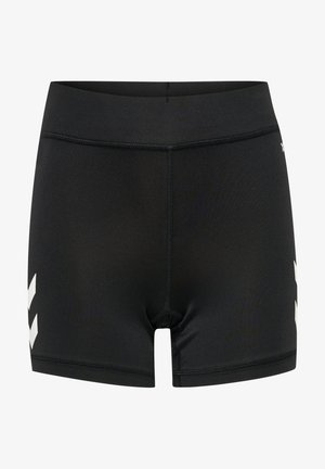 Zwarte sportbroekjes gemaakt van rekbaar materiaal, met een gladde textuur, een aangesloten ontwerp en witte zigzagaccenten aan de zijkanten.