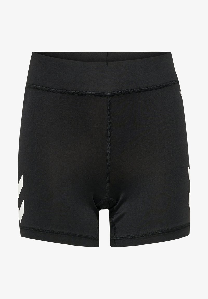 Pantaloni sportivi neri realizzati in tessuto elasticizzato, con una texture liscia, design aderente e dettagli a zigzag bianchi sui lati.