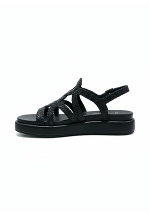 Sandalo con zeppa nero con cinturini intrecciati, punta aperta e chiusura con fibbia alla caviglia, progettato per un uso casual.
