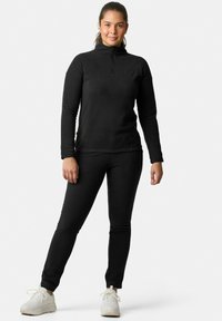 Zwarte lange mouwen zip-up top gecombineerd met zwarte aansluitende broek. De stof lijkt glad en rekbaar. Sneakers zijn wit met subtiele accenten.