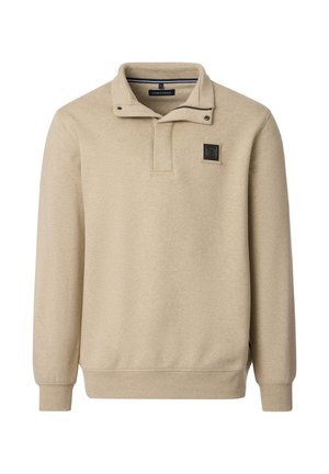 Beiger Pullover mit Kragen, hergestellt aus weichem Material. Verfügt über ein Logo-Patch auf der Brust und einen halben Reißverschluss für einen lässigen Look.