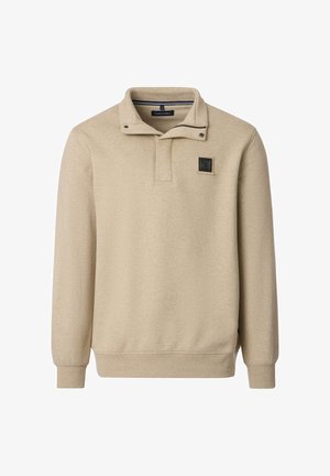 Beiger Pullover mit Kragen, hergestellt aus weichem Material. Verfügt über ein Logo-Patch auf der Brust und einen halben Reißverschluss für einen lässigen Look.