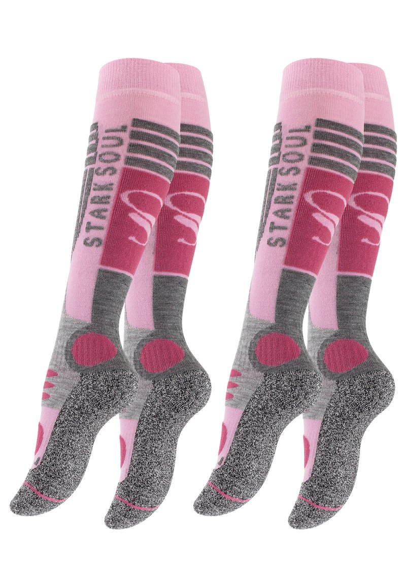 Calze al ginocchio rosa e grigie con la scritta "STARK SOUL", dettagli a pois e una suola testurizzata. Motivo a righe vicino alla parte superiore.