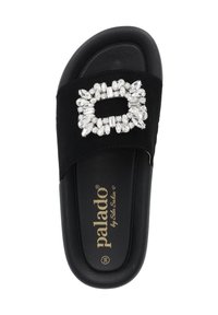 Black slide sandal featuring a wide strap with a decorative clear jewel accent. Soft texture with a contoured footbed and flat sole.