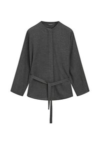 Top avvolgente leggero di colore grigio scuro, con collo rotondo, maniche lunghe e cintura in vita. Realizzato in un tessuto testurizzato.