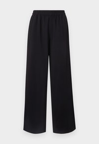 Black wide-leg pants with an elastic waistband, made of a smooth, lightweight fabric. Features a flowing design with no visible patterns.