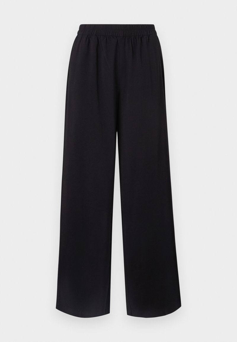Schwarze weit geschnittene Hosen mit elastischem Bund, aus einem glatten, leichten Stoff. Sie haben ein fließendes Design ohne sichtbare Muster.