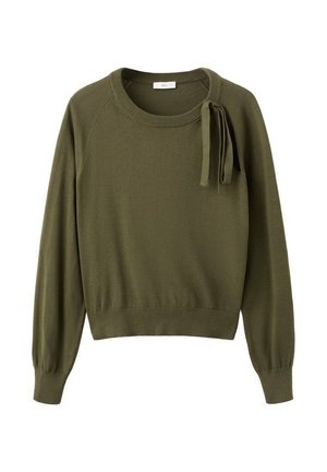 Maglione lavorato a maglia verde oliva con scollo rotondo, maniche raglan lunghe e dettaglio a fiocco laterale. Presenta una vestibilità corta e orlo a coste.