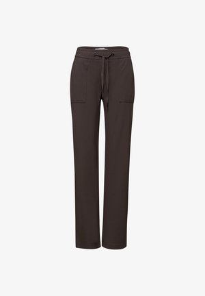 Pantalones marrón oscuro de pierna recta con cintura elástica y cordón, con dos bolsillos de parche delanteros.