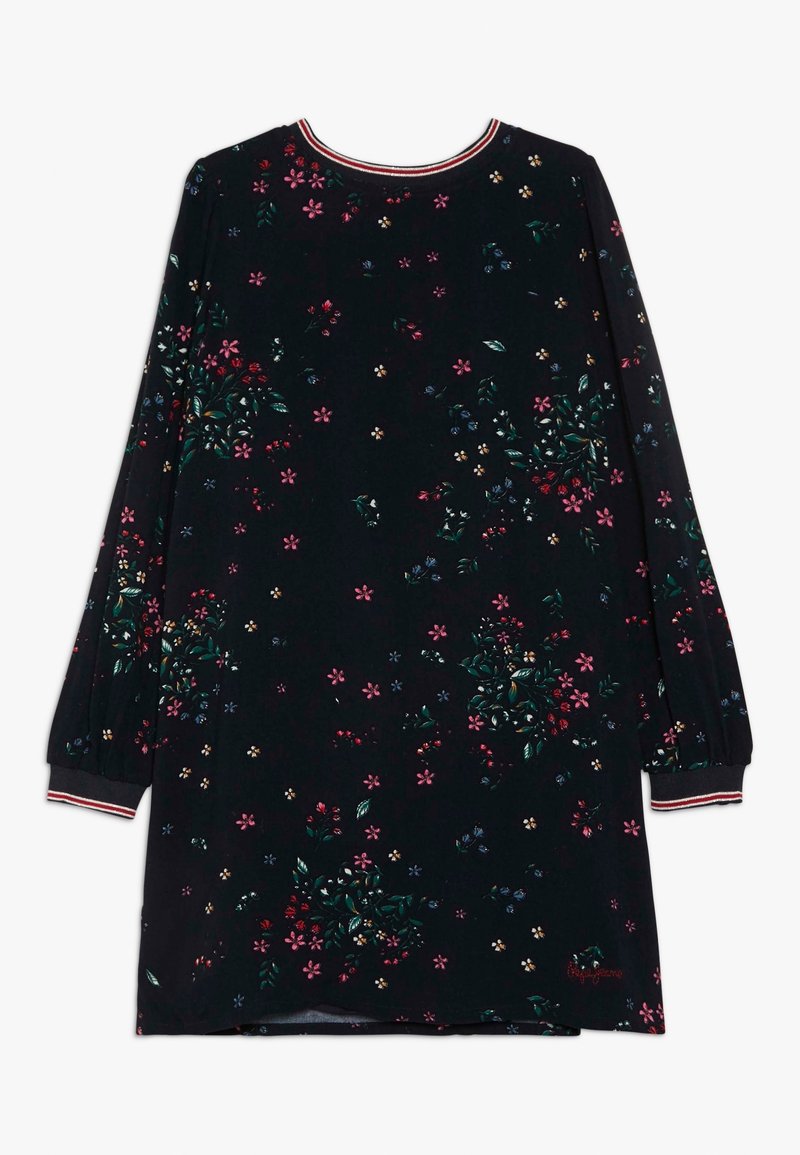 Robe noire à manches longues avec motifs floraux rose, rouge, jaune et bleu, col rond avec bordure rayée rouge et blanche, et manches à poignets.