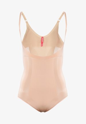 Nahtloser, nudefarbener Bodysuit mit verstellbaren Trägern und figurbetontem Design. Hergestellt aus einem glatten, dehnbaren Material. Verfügt über einen schlichten Schnitt und keine sichtbaren Nähte.