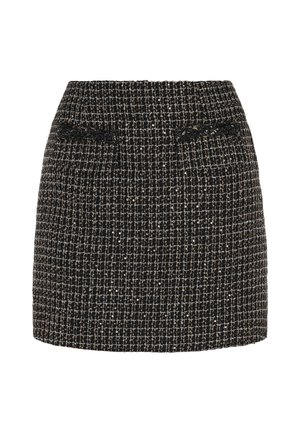 Fustă din tweed neagră și aurie, cu un model texturat, design ajustat și talie medie. Include buzunare laterale discrete și accente destrămate.