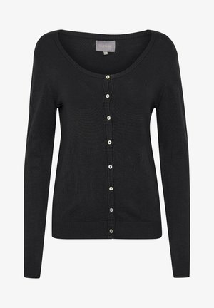 Czarny dzianinowy kardigan z długimi rękawami, okrągłym dekoltem, zapinany na guziki z przodu oraz z prążkowanymi mankietami i dołem. Posiada okrągłe guziki wzdłuż listwy.