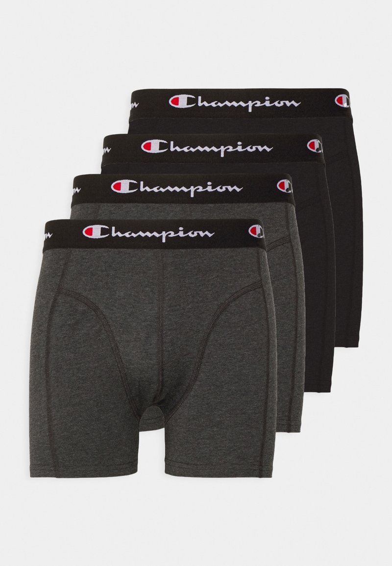 Boxer briefs masculinos em um pacote de quatro, com um esquema de cores preto e cinza escuro e uma cintura elástica com logo. Tecido macio, design ajustado.