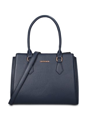 Marineblauwe rechthoekige handtas met twee bovenhandvatten, een lange schouderriem en een goudkleurig merklogo gecentreerd aan de voorkant.