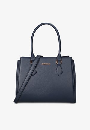 Marineblauwe rechthoekige handtas met twee bovenhandvatten, een lange schouderriem en een goudkleurig merklogo gecentreerd aan de voorkant.