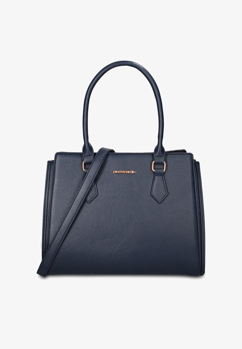Sac à main rectangulaire bleu marine avec deux poignées supérieures, une longue bandoulière et un logo de marque doré centré à l'avant.