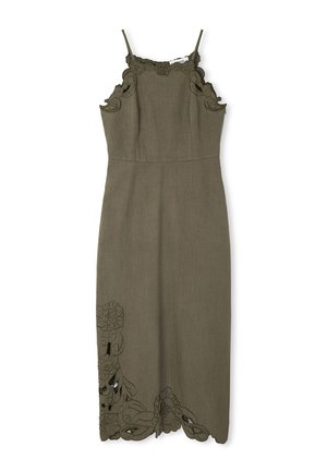 Olijfgroene linnen jurk met dunne schouderbandjes en ingewikkelde bloemenborduursel langs de zoom. Strak ontwerp met een gladde textuur.