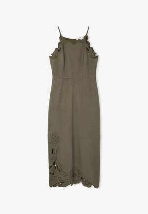 Olive zieleń lniana sukienka z cienkimi ramiączkami i skomplikowanym haftem kwiatowym wzdłuż dołu. Dopasowany krój o gładkiej fakturze.