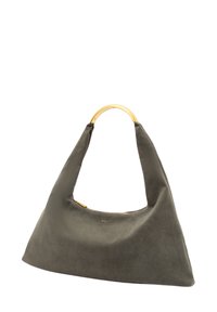 Grüne Wildleder-Hobo-Tasche mit einem goldfarbenen, runden Griff, ausgestattet mit einem Reißverschluss und einer glatten Textur.