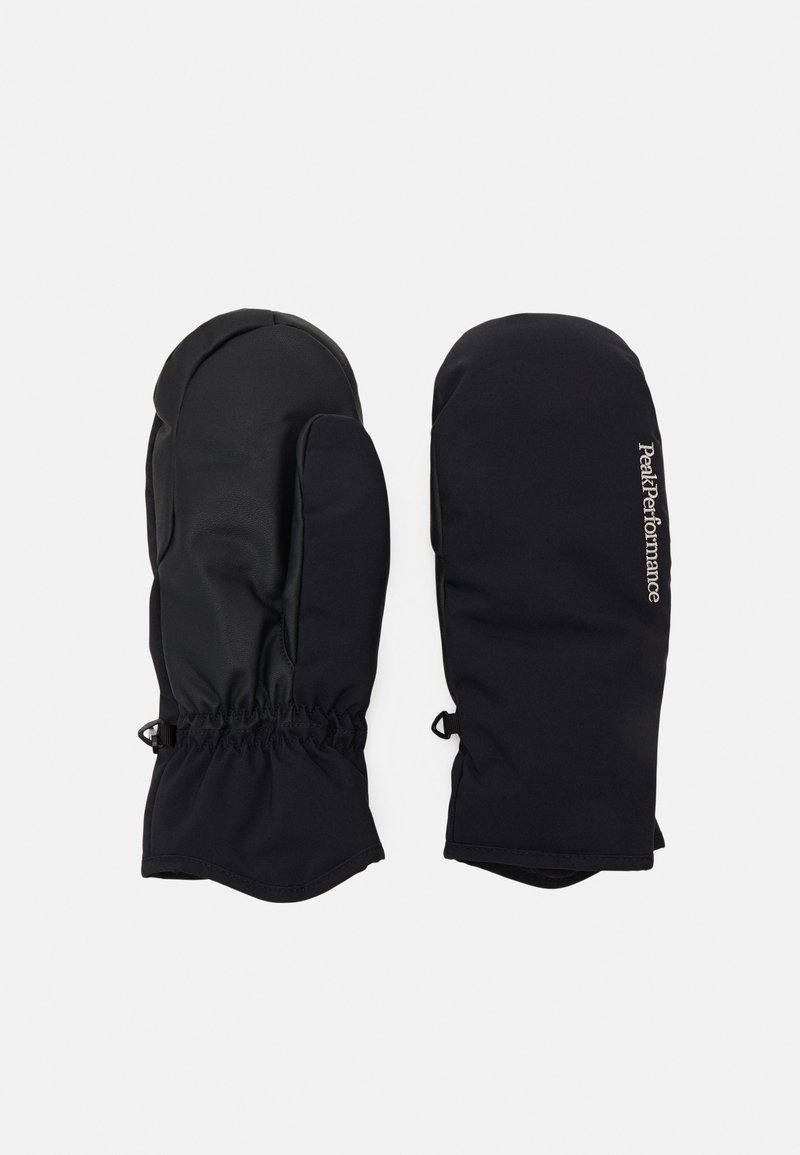 Moufles noires fabriquées à partir d'un matériau lisse et durable, avec un poignet froncé et un logo sur une des moufles. Conception avec un sommet arrondi et une couverture complète.