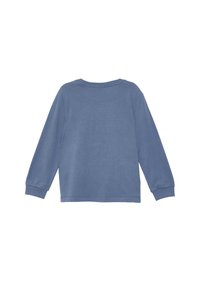 Blauwe katoenen shirt met lange mouwen, ronde hals en elastische manchetten. Gladde textuur, eenvoudig ontwerp, geen patronen of hardware.