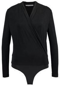 Schwarzer Langarm-Bodysuit aus glattem Stoff; mit Wickeldesign und tiefem Ausschnitt; taillierte Silhouette mit Tanga-Bottom.