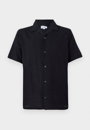 Svart kortärmad skjorta i lättviktsmaterial. Har en krage och framknäppning med fem knappar i mitten.