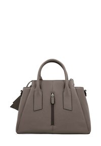 Sac à main en cuir gris avec un design structuré, des poignées doubles, une fermeture éclair sur le dessus et une poche latérale supplémentaire. Détails de surface texturés.