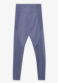 Legginsy średniego wzrostu w głębokim niebieskim kolorze, z gładkiego materiału, z siateczkowymi wstawkami zapewniającymi oddychalność oraz dopasowaną sylwetką z przeszyciami.