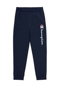 Pantaloni della tuta blu navy realizzati in tessuto morbido, con una vita elasticizzata, polsini alle caviglie e un logo "Champion" bianco sul lato.