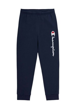 Pantaloni della tuta blu navy realizzati in tessuto morbido, con una vita elasticizzata, polsini alle caviglie e un logo "Champion" bianco sul lato.