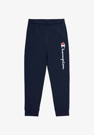 Pantaloni della tuta blu navy realizzati in tessuto morbido, con una vita elasticizzata, polsini alle caviglie e un logo "Champion" bianco sul lato.