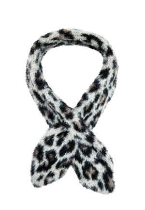 Soft, fuzzy scarf with a black and white leopard print pattern, folded in a loop with crossed ends on a white background.